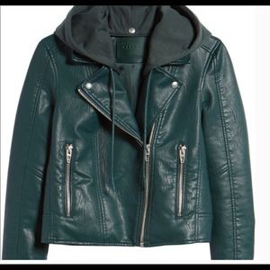 BLANK NYC Green Hooded Faux Leather Moto Jkt SizeS
